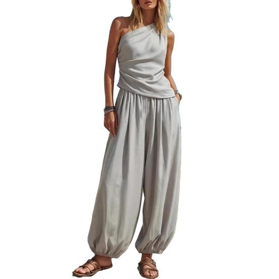 Women Tank Top Pants Two Piece Set Summer One-shoulder Sleeveless Shirt Trousers Solid Color Breathable Loose Casual Top Pants Suit