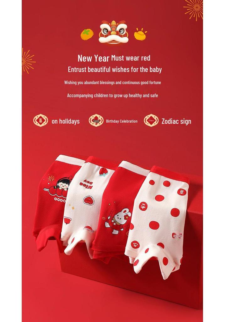 Festive Red Girls' Boxer Briefs: Antibacterial Pure Cotton, Colorfast, Full Cotton Crotch, Chinese New Year Theme