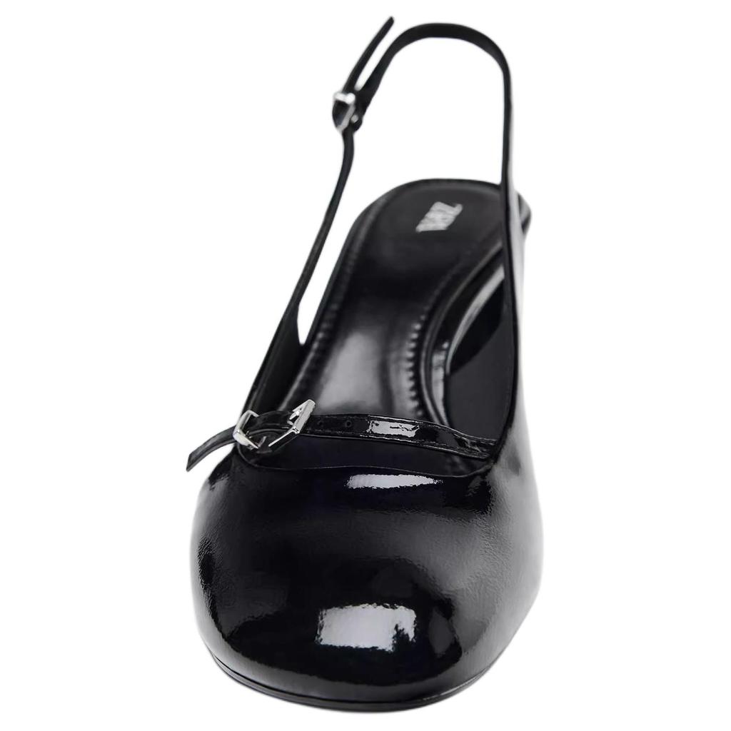 Zara New Year Collection Pu Comfortable Versatile Color Block Buckle Decor Thick Heeled High Heels 7Cm Women High Heels Black 12800510