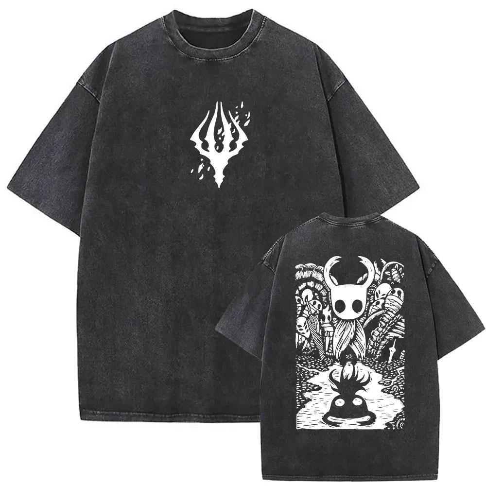 Vintage Washed Hollow Knight Print T-Shirts Men Women Fashion Gothic Short Sleeve T Shirt Summer Cotton Oversized T-shirt