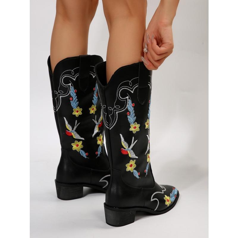 Women's Tall Riding Boots Autumn and Winter New Mid-Heel Martin Boots Women's Pointed Embroidered Boots