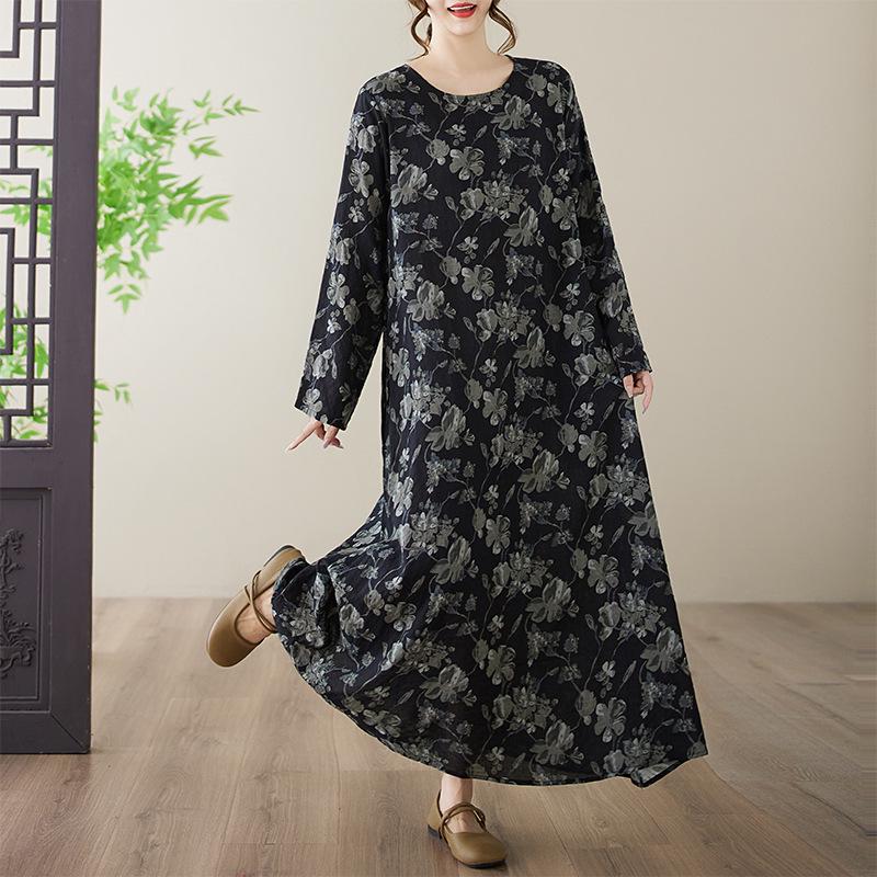 Plus Size Cotton & Linen Printed Round Neck Long Sleeve Holiday Dress for Women XL