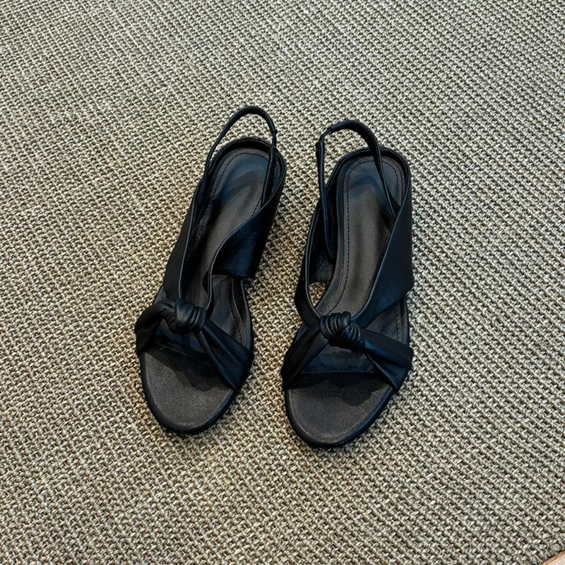 Sheepskin version retro round head open-toed cross with wedge sandals women's versatile simple temperament one-word shoes