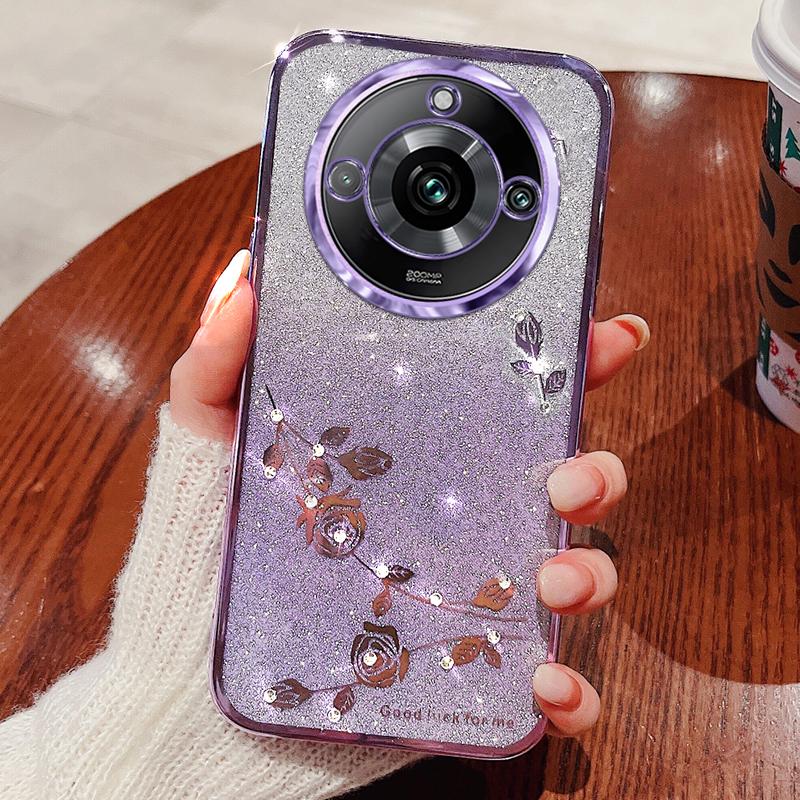 

KADEM Gradient Phone Case for Realme 11 Pro+ 5G Glitter Rhinestone Flower TPU Cover Purple