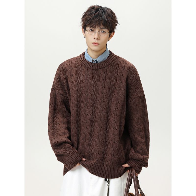 Wassup Trendy Jacquard Sweater for Men, Round Neck, Loose Fit, Ins Style, Versatile, Autumn and Winter Retro Knit Top