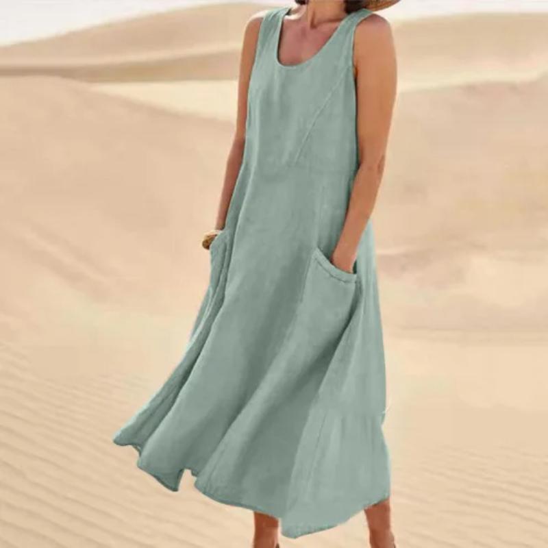 Summer Pocket Sleeveless Round Neck Women's Cotton and Linen Dress Lady Loose Solid Color Pullover Big Swing Dress