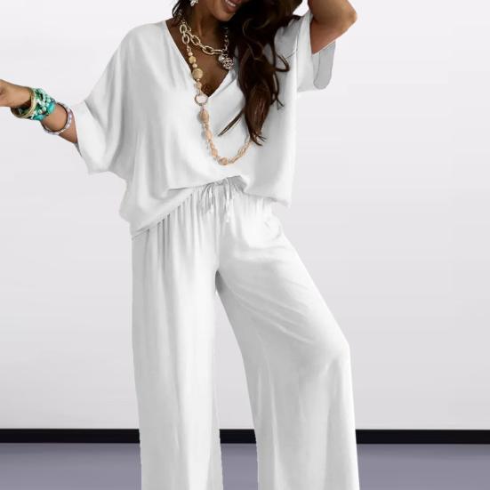 2 Teile/satz Damen Top Hosen Set Hohe Taille Einfarbig Weites Bein Faltenhose V-Ausschnitt Fledermausärmel Lockeres T-Shirt Lässiges Pendeloutfit Bluse Hosen Set