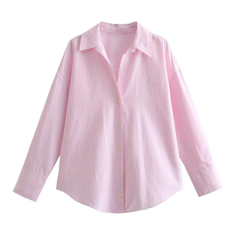 

Контрастная полосатая женская рубашка, однобортная, с длинным рукавом, женская рубашка 2025 года, весна-лето, модная свободная универсальная женская блузка L розовый