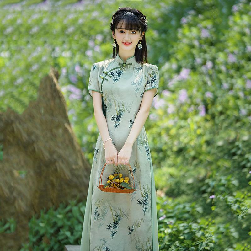 Green Skinny Odai National Style New Chinese Cheongsam Improved Young Women's High-end Retro Dress Spring and Summer