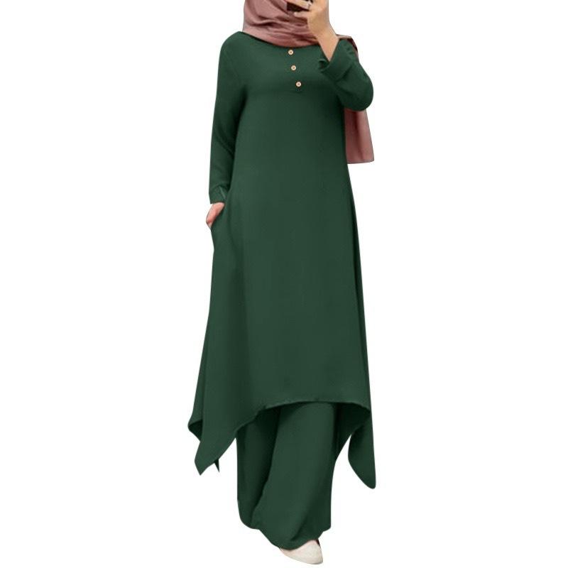 Spring and Autumn New Muslim Women's Clothing Middle East Solid Color Crew Neck Wooden Button Long Sleeve Wide Leg Pants Set