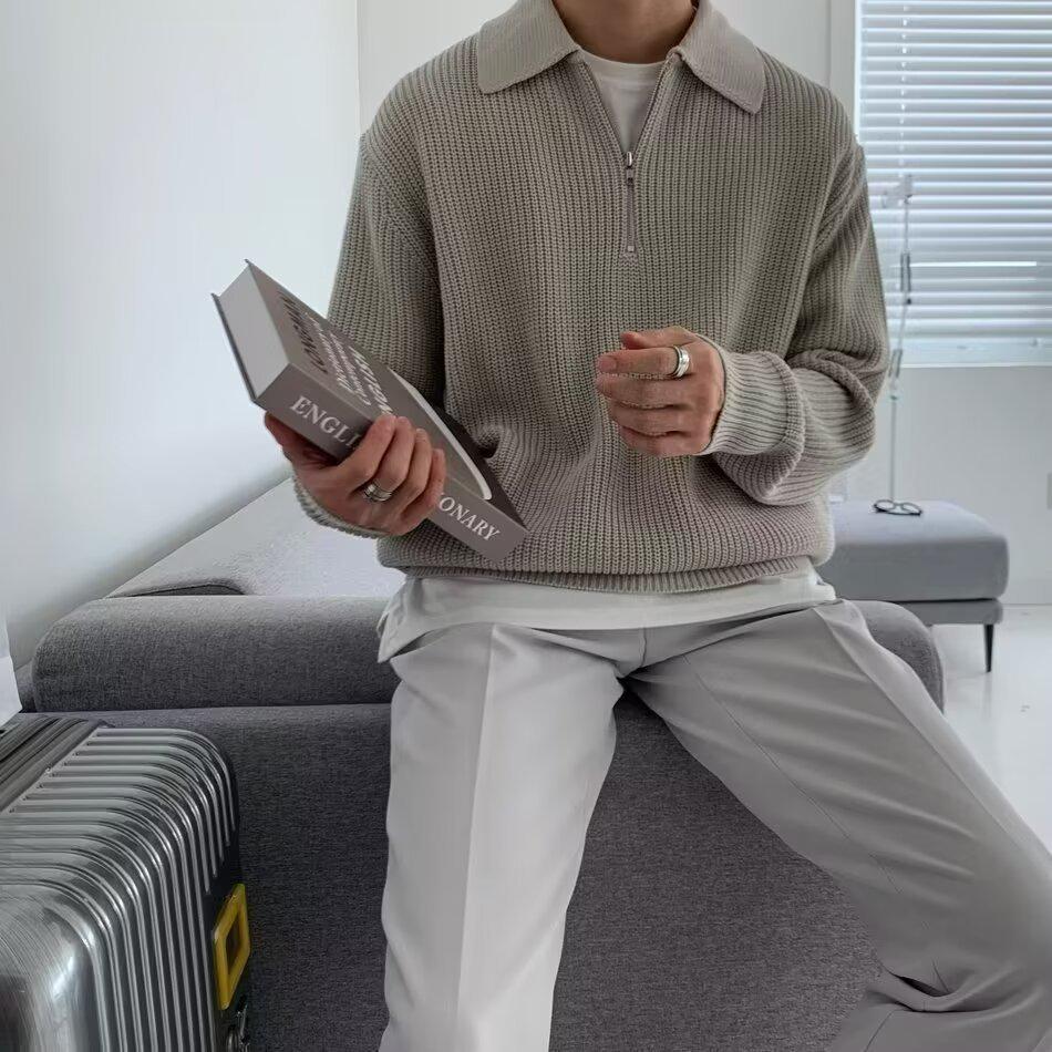 Men's Retro High-End Half-Zip Knit Sweater - Casual Loose Fit, Autumn/Winter Japanese Style with Lapel.