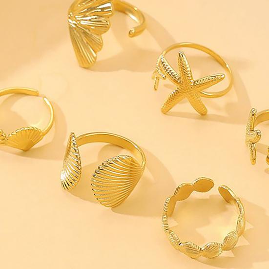 6Pcs/Set Starfish Ocean Rings Set, Stackable Marine Style Rings, Comfortable Wear Summer Beach Jewelry Gift