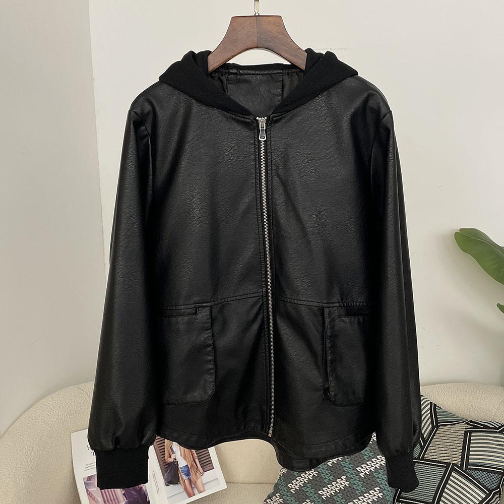 OFTBUY Femmes À Capuche Vintage Ample PU Faux Cuir Chapeau Veste Courte Décontractée Veste de Moto Féminine Zippée Rétro Moto Biker Manteau Vêtements d'Extérieur Hauts