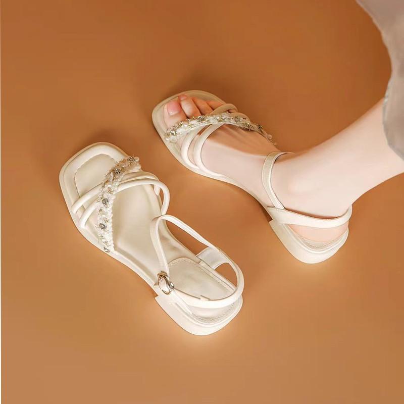 Coarse-heeled sandals women's spring new rhinestones with gentle temperament women's shoes