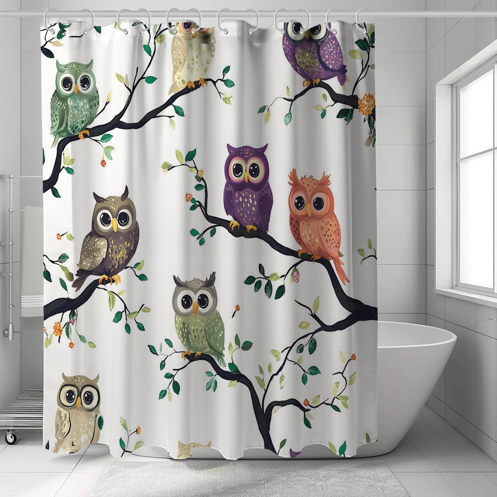 1pc Cartoon Owl Print -Shower Curtain - Machine Washable Polyester,  Includes 12 Hooks, Ideal for Home and Bathroom Decor