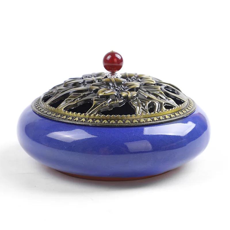 12 Hours Large Mosquito Coil Incense Burner Ceramics Cone Holder with Metal Lid Household with Fireproof Cotton Censer