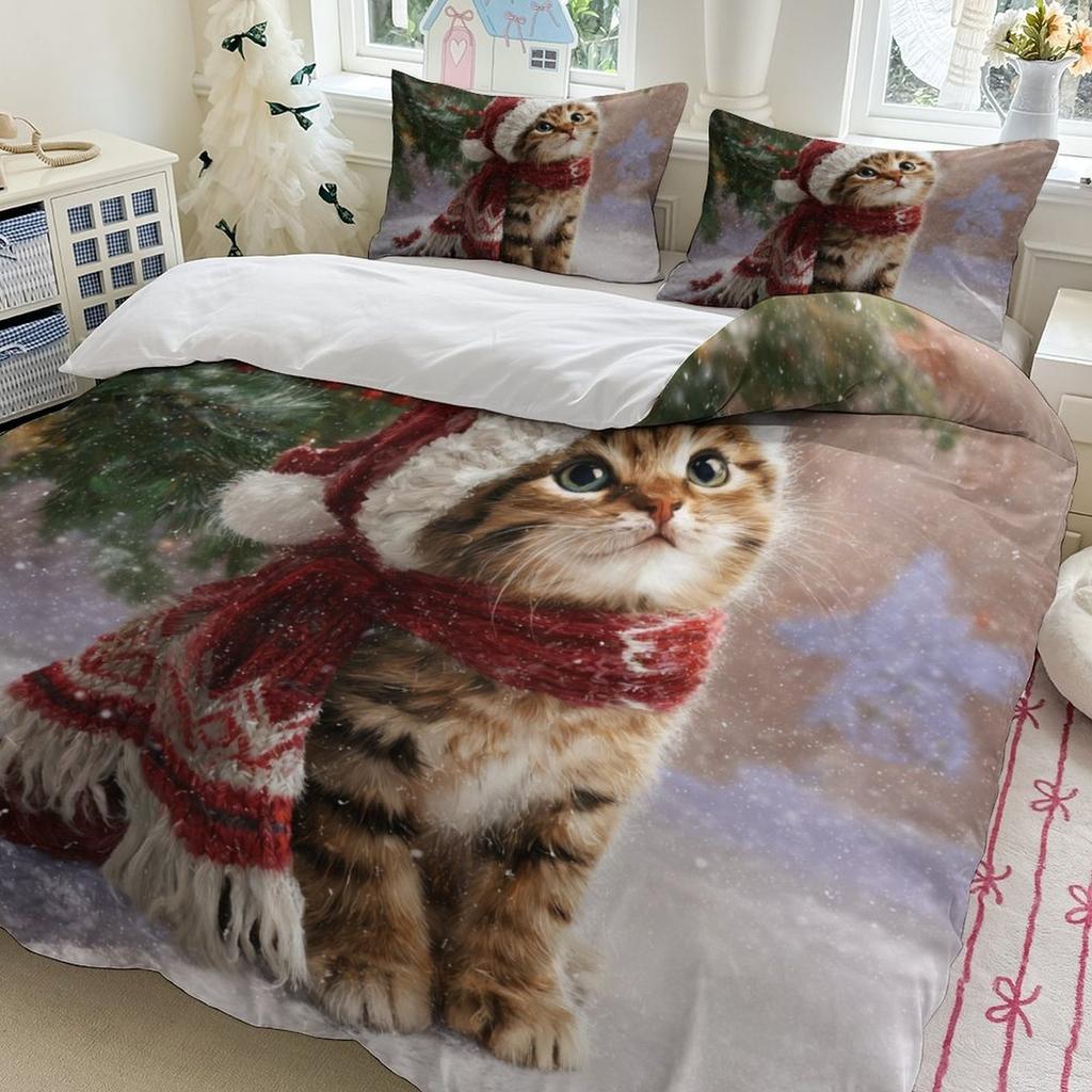 Christmas Cat Bedding Set Printed Duvet Cover Set Soft Single Twin Size Home Decor Duvet Cover Set Cute Birthday Gift For Girls