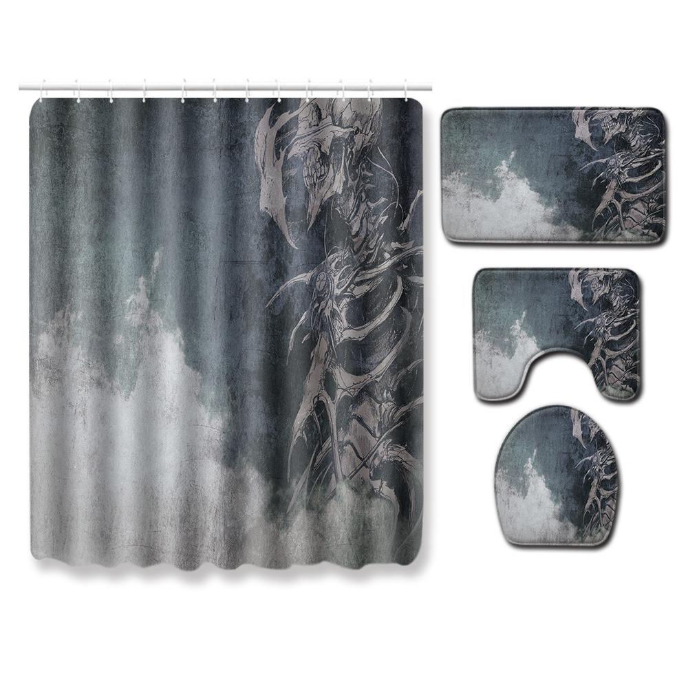 Skull Shower Curtain Floor Mat Combination Four-Piece Set Bathroom Toilet Carpet Shower Room Mat Foot Mat