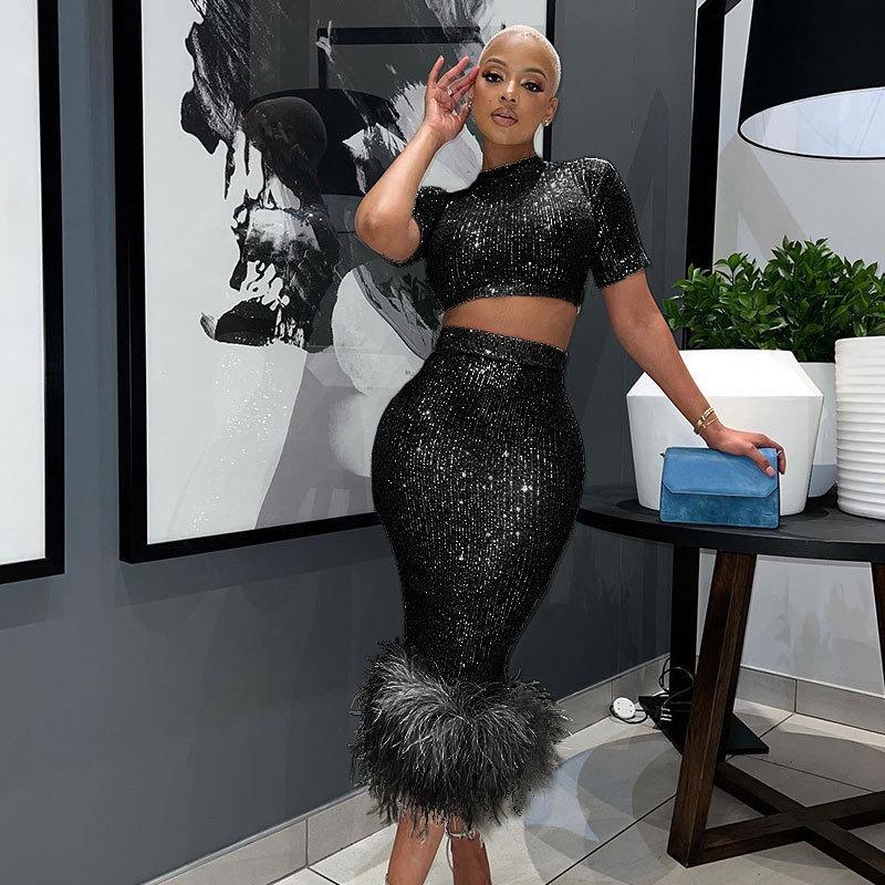 Женские модные повседневные однотонные принты на лето и весну с коротким рукавом и круглым вырезом с юбкой S чёрный