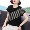 Women's Casual Diagonal Stripe T-shirt Round Neck Short Sleeve Loose Fit Summer Top