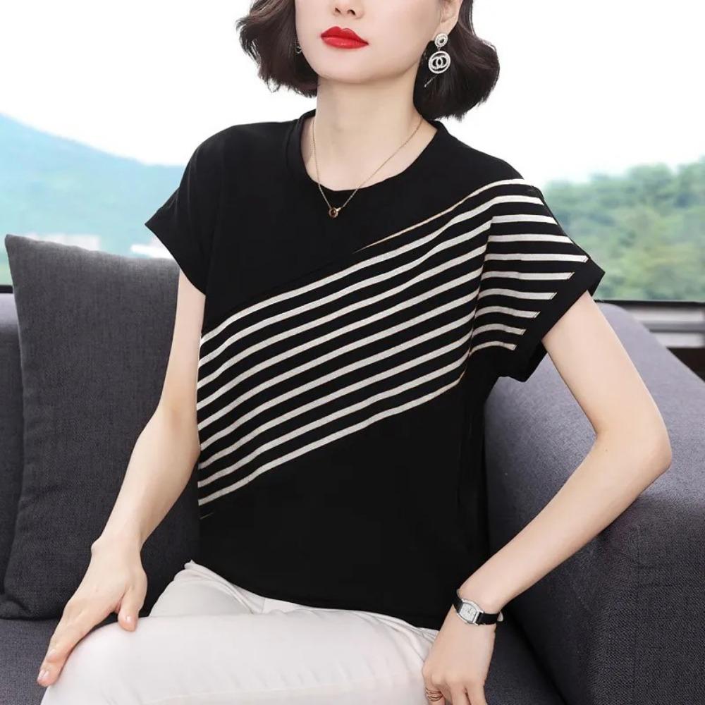 

Women s Casual Diagonal Stripe T-shirt Round Neck Short Sleeve Loose Fit Summer Top M