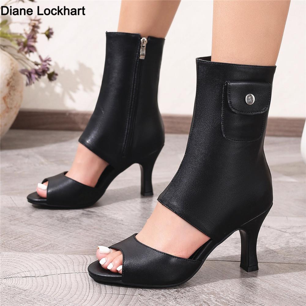 Fashion Ankle Strap PU Leather Stiletto Heel Women Sandal 2025 Summer High Heels Wedding Party Sexy Shoes Fashion Zip Solid Pumps Black