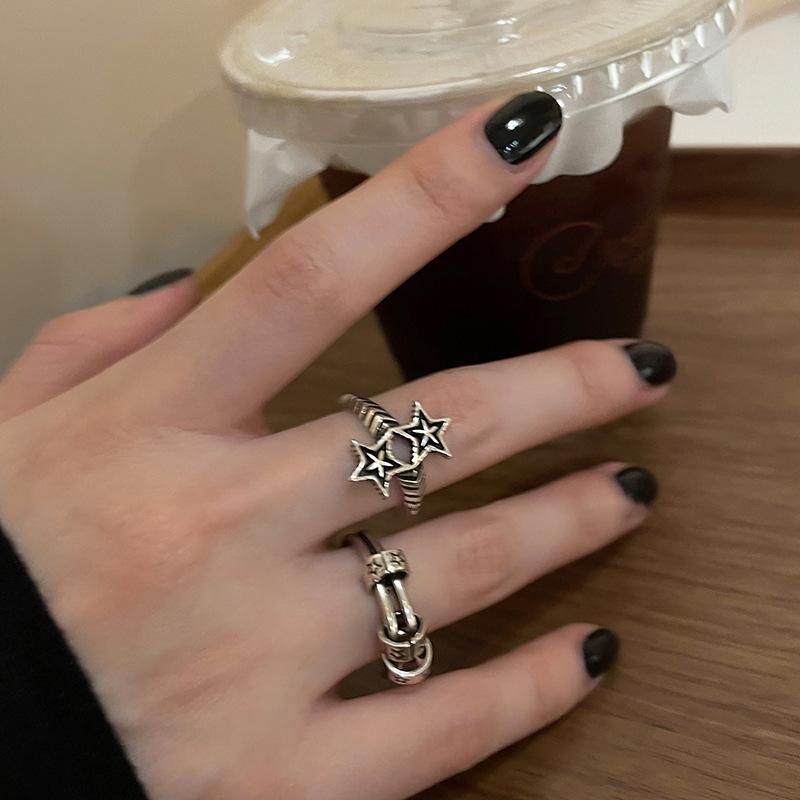 Y2K Style Crystal Pentagonal Star Ring for Women Romantic Moon Hollowed Out Star Personality Metal Finger Rings Fashion Jewelry