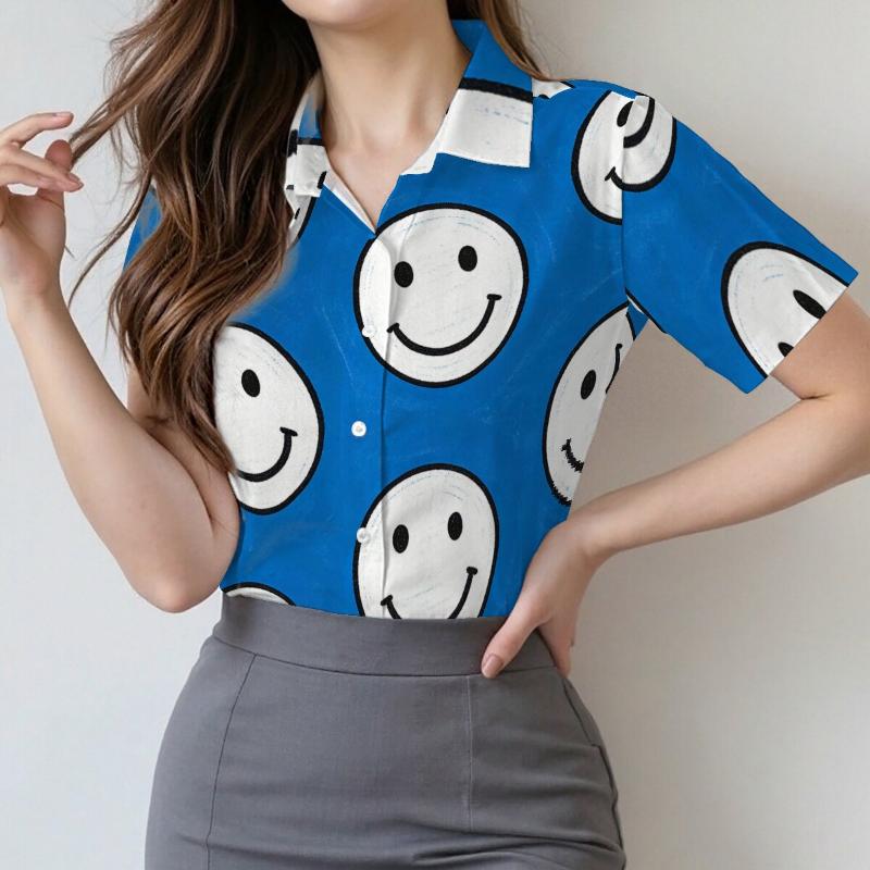 Simple and personalized smiley face printed women s short sleeved lapel shirt, summer fashion, daily versatile casual top XL