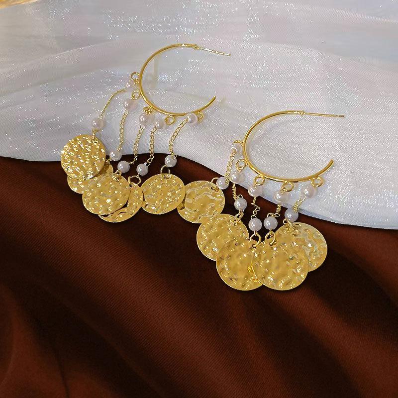 Super Fairy Pearl Fishtail Fringed Earrings, Premium Female Texture Metal Disc Earrings, 925 Silver Needle Jewelry.