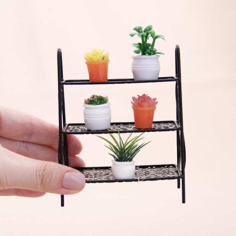 Iron Miniature Plant Holder For 1/12 Scale Doll House Scene Setting Display with Potted Flower for Living Room Decors