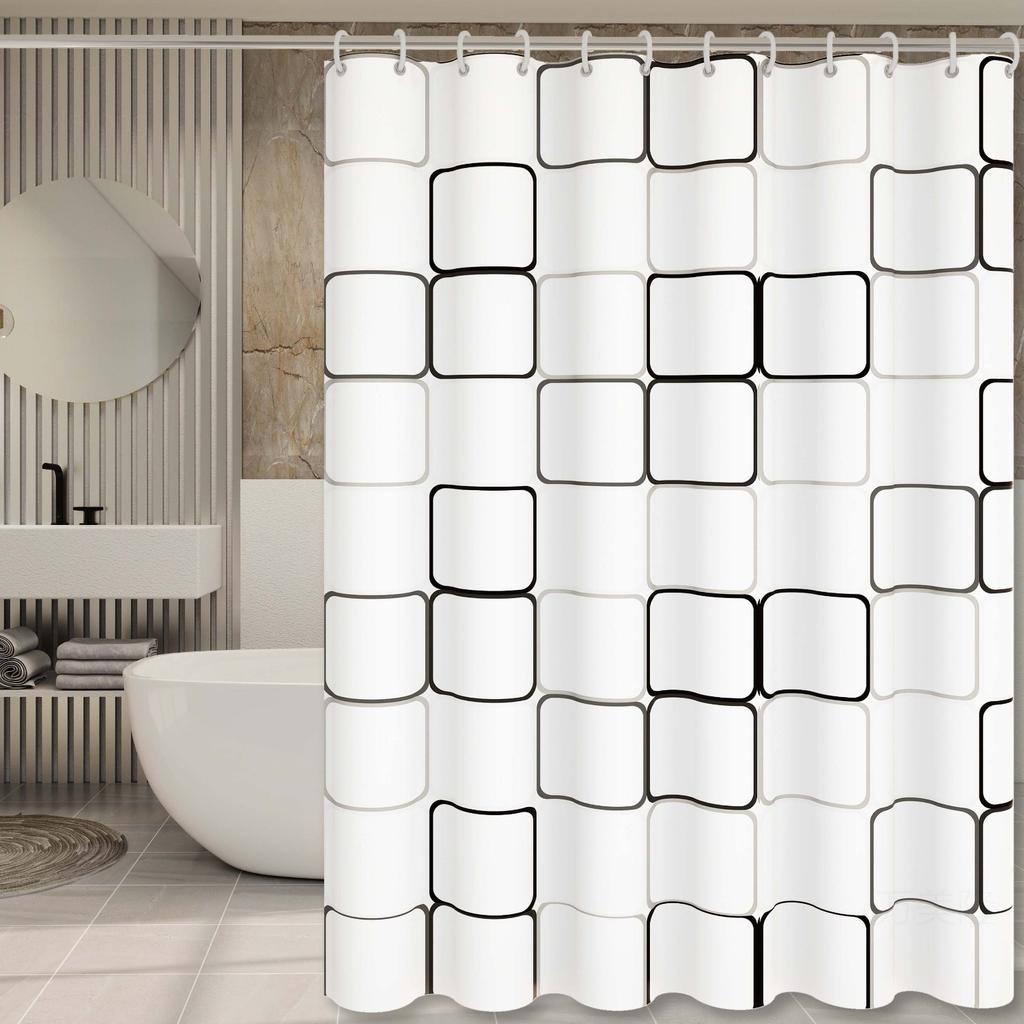 1pc Checked Waterproof Shower Curtain with Metal Grommets & Plastic Hooks, Semi-ransparent Plastic Bath Curtain for Bathroom