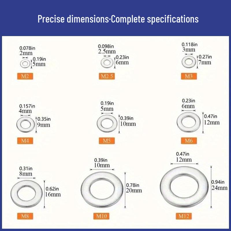 900-Piece 304 Stainless Steel Flat Washer Set M2-M12