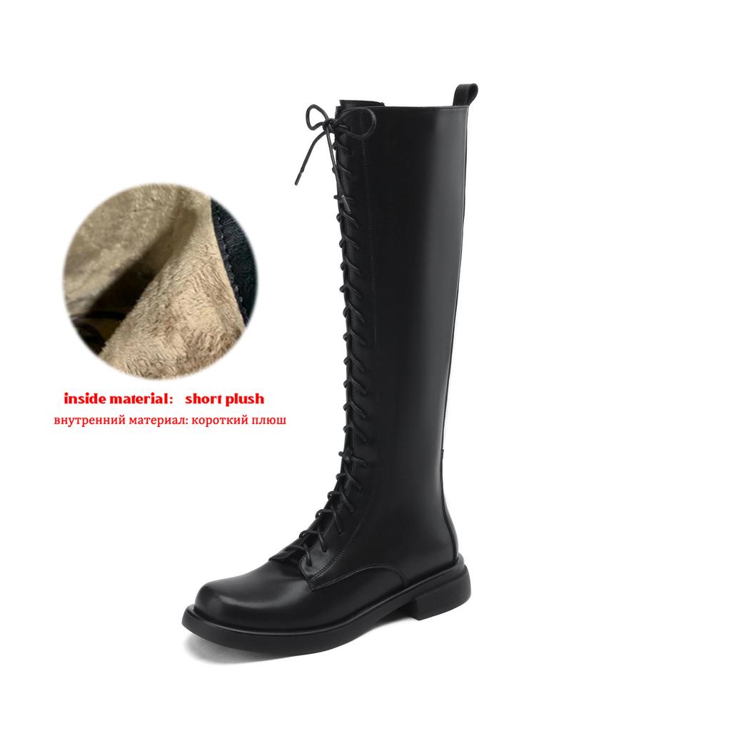 Krazing Pot Cow Split Skin Autumn Winter Shoes Concise Thick Heels Size 41 Thigh High Boots Keep Warm Round Toe Slip On Retro Knee Boots