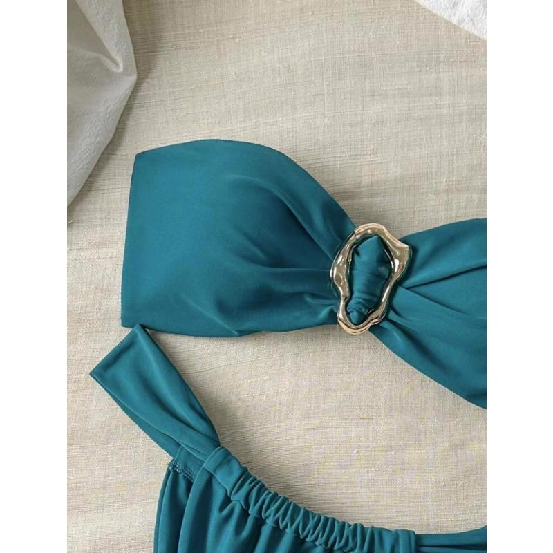 Women S Metal Ring Strapless Solid Color Two Piece Bikini Swimsuit