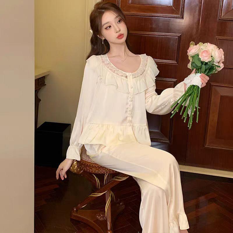 [Sugar Heart Sweet Dream] French ice silk pajamas, sweet princess style suit, spring and autumn loungewear can be worn outside