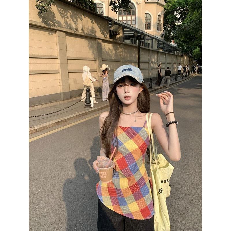 Sweet Spice Color Plaid Suspender Vest Women's Summer Irregular Waist Top