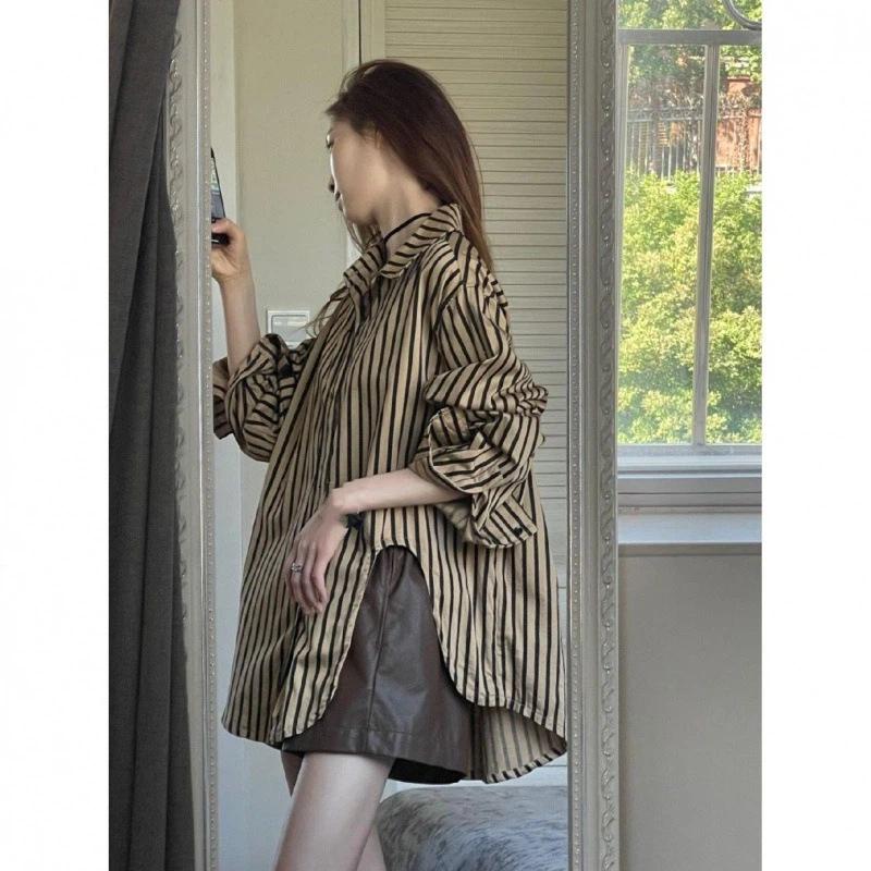 Women Lapel Striped Oversized Long Sleeve Shirt With Slit S коричневый