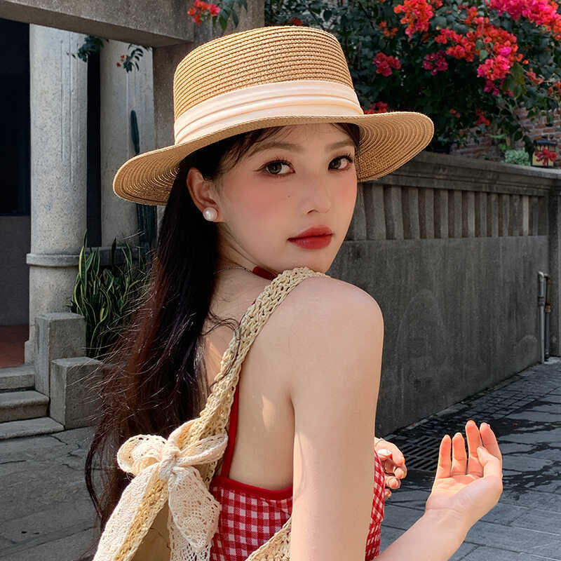 French flat-top sunshade straw hat women's summer new sunscreen hat beach hat seaside vacation photo sun hat