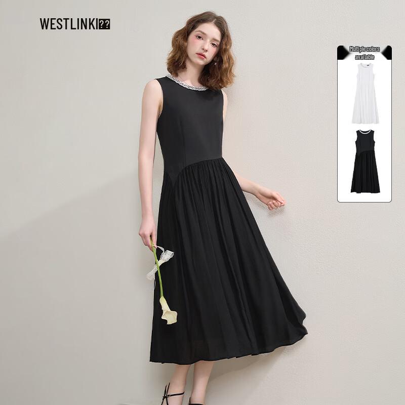 Xiyu Women's Elegant Pearl Collar Sleeveless A-Line Midi Dress