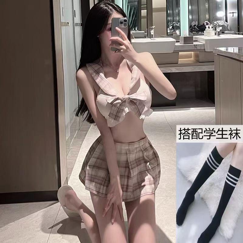 Large size 200 sex clothes, sexy plaid jk student clothing, passion lace-up hollow student uniform