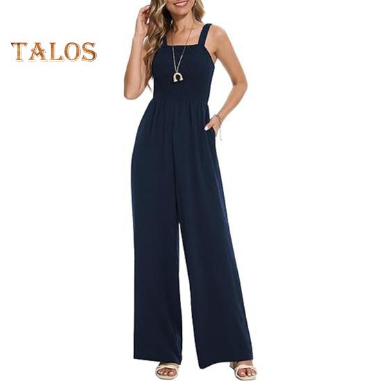 Monos de verano sin mangas para mujer, pantalones de pierna ancha y cintura alta, mono holgado de una pieza con bolsillos y cuello cuadrado.