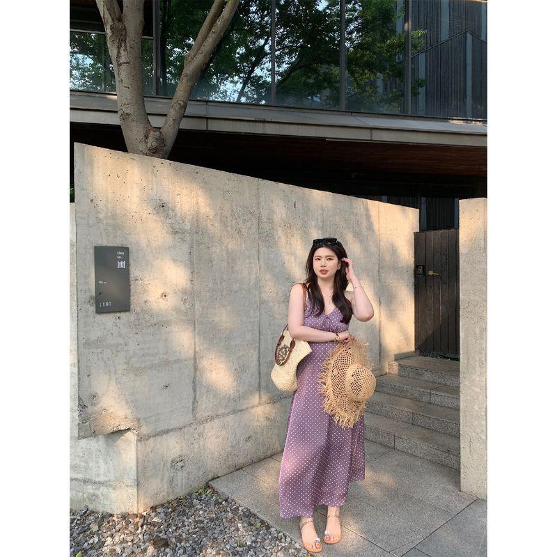 M5T6 Slightly Plus Size Iris Purple/French Halter Neck Dress Purple Polka Dot V-Neck Resort Style Plus Size Long Dress Purple Polka Dots M