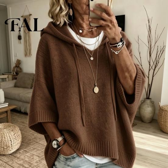 Women Winter Sweater Autumn Knit Pullover Sweater, Loose Fit Drawstring Hooded Casual 3/4 Sleeve Drop Shoulder Solid Color Long Tops