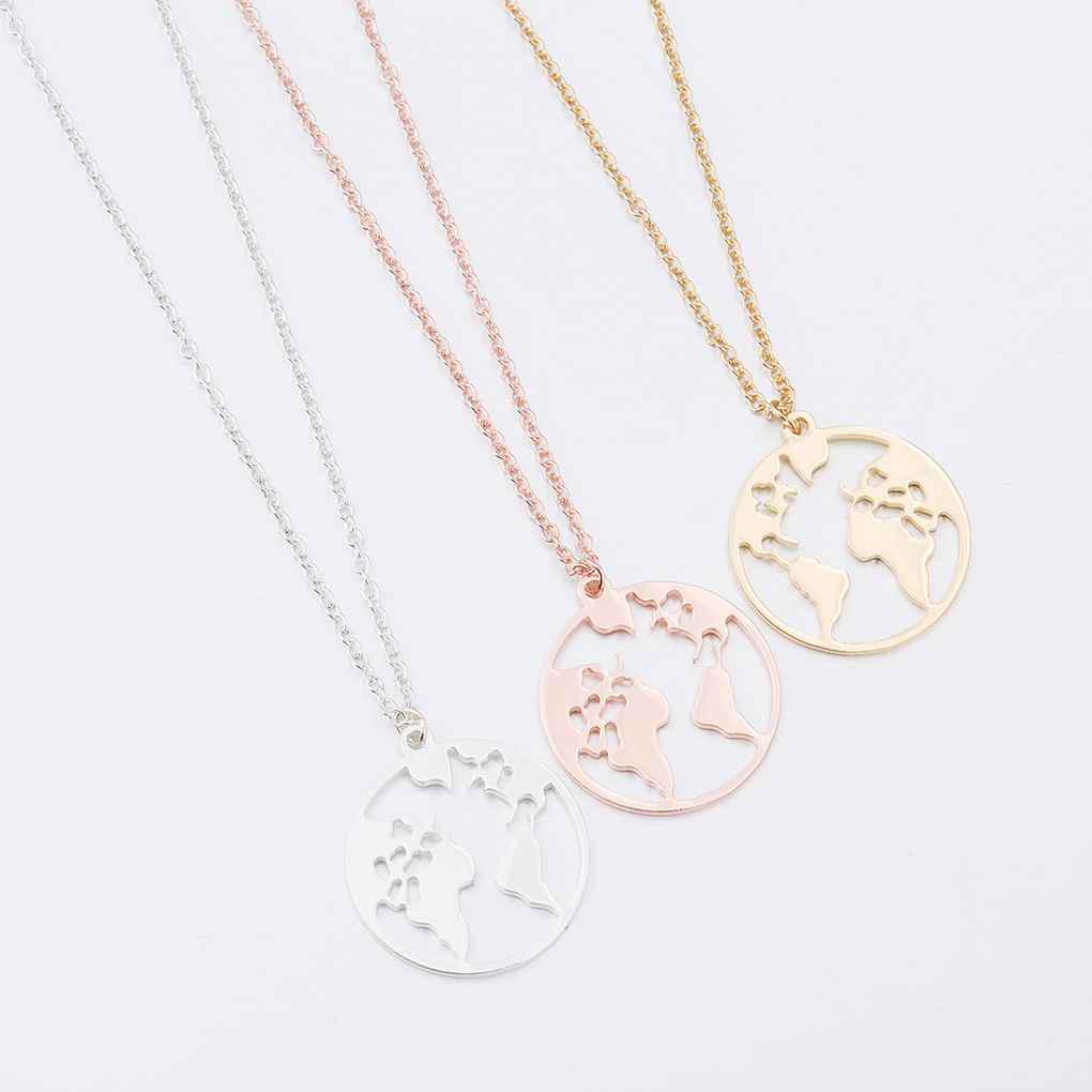 Women Hollow Map Pattern Necklace Lady Girl Round Neck Pendant Plating Copper Jewelry