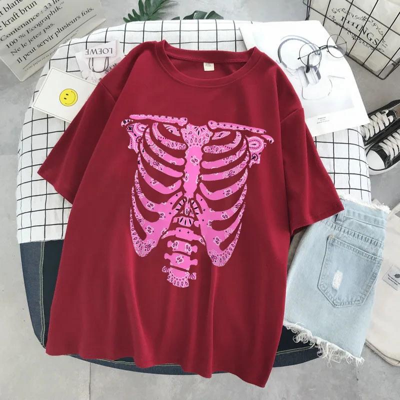 New Skull Printed Rib Jacket Version Loose Gothic Style Short Sleeve T-shirt Wholesale Women Tops Harajuku Fashion Summer