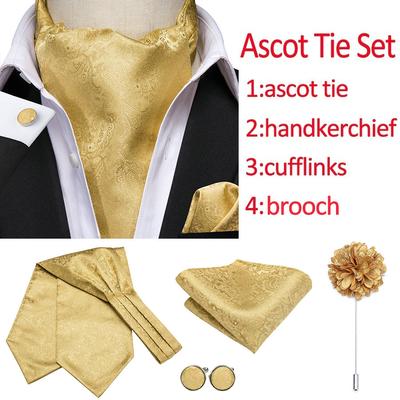 Gold Wedding Ascot Tie with Pocket Square Cufflinks Brooch Set Paisley Ties Men