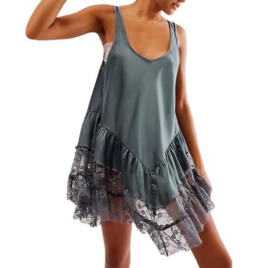 

Женское платье, прозрачное кружевное лоскутное платье с U-образным вырезом, плиссированное, с цветочной вышивкой, свободное однотонное женское платье без рукавов L серый