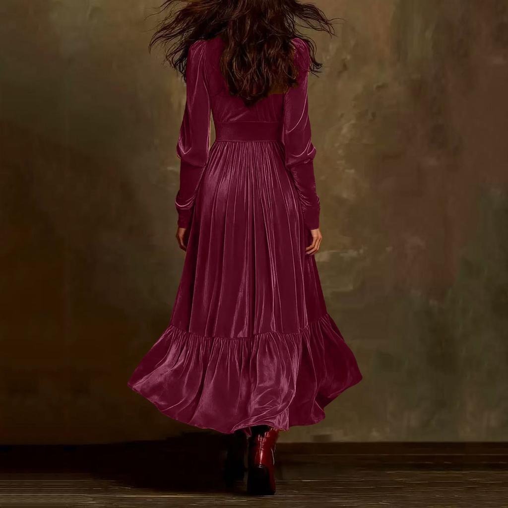 Damen Plissiertes V-Ausschnitt Fließendes Langarm A-Linien Samtkleid mit Gürtel, Französisches Retro Rüschen Swingkleid