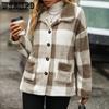 Fall and winter women's lapel long-sleeved medium-length plaid single-breasted double-sided velvet casual jacket