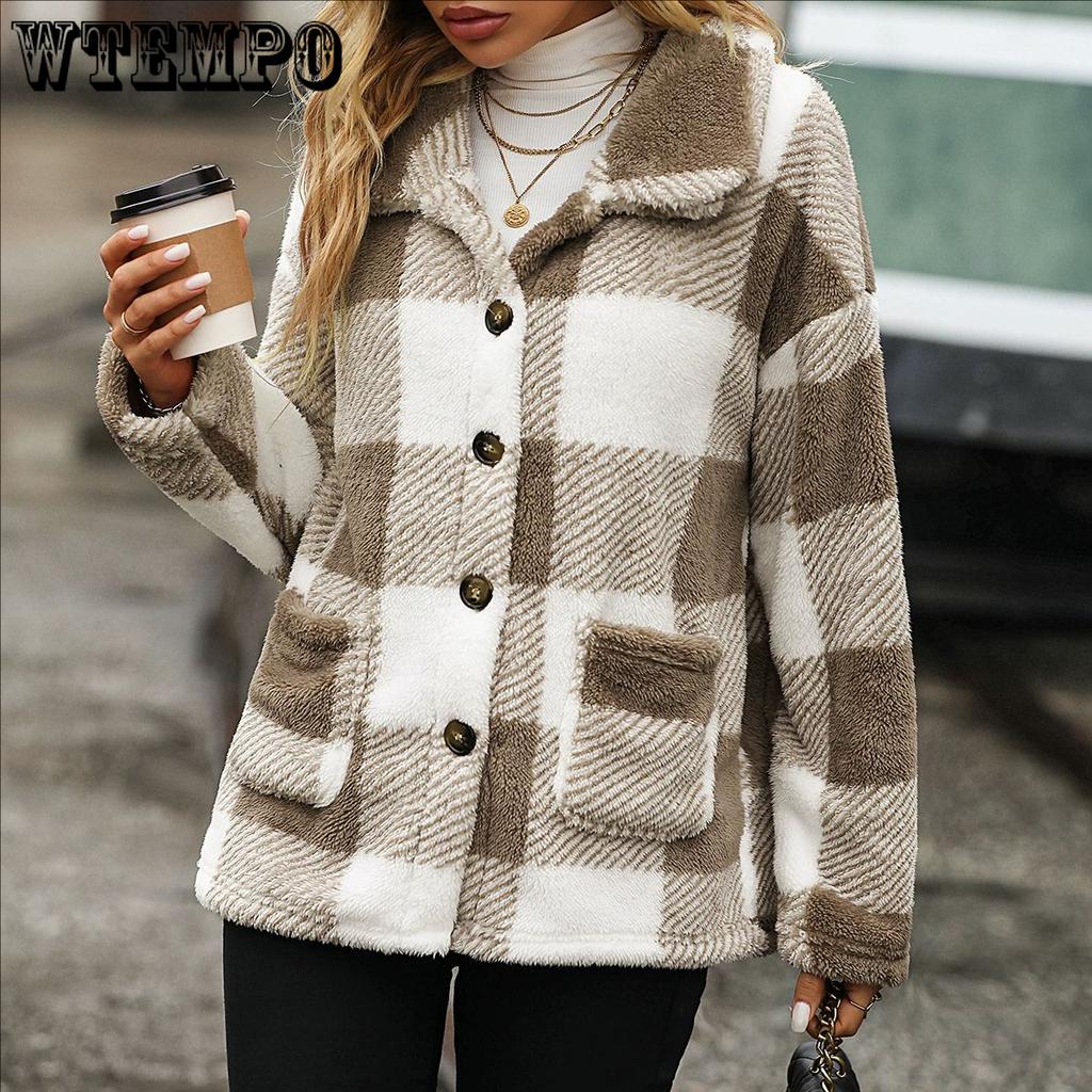 Fall and winter women's lapel long-sleeved medium-length plaid single-breasted double-sided velvet casual jacket